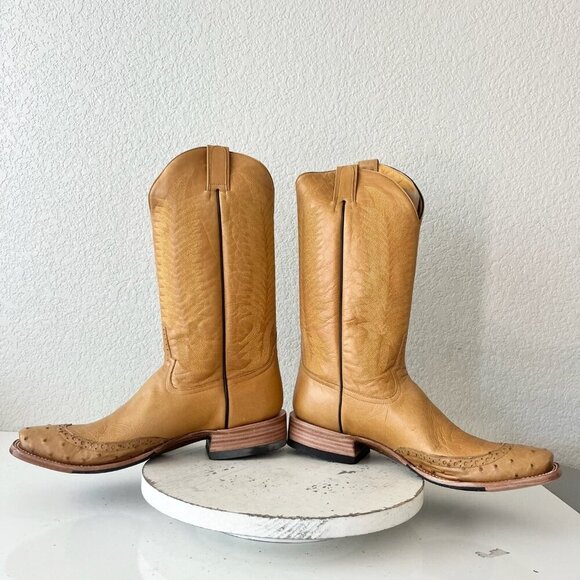 NEW Rod Patrick Mens Cowboy Boots 14B Tan Napa Buffalo Ostrich Western Blunt Toe - Picture 8 of 14